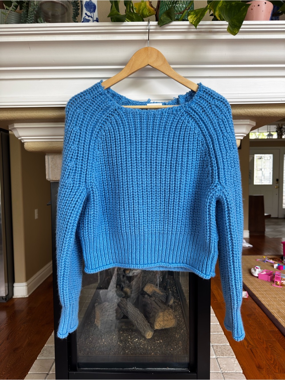 H&M Chunky Knit Blue Cropped Casual Sweater Round Neck Classic Preppy Size Small
